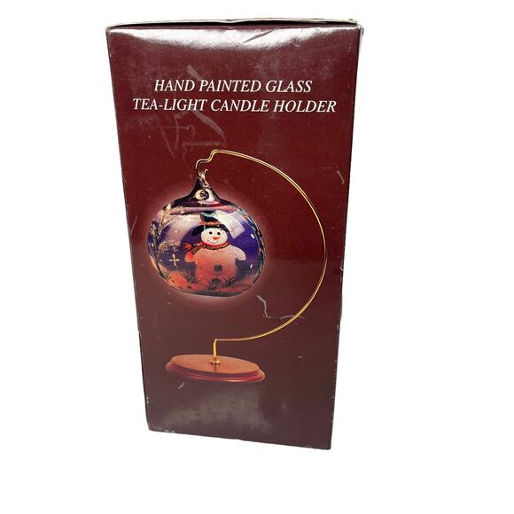 VTG Glass TEA LIGHT CANDLE HOLDER + Wood Brass Ornament HANGER Snowman Globe BOX - Picture 3 of 5